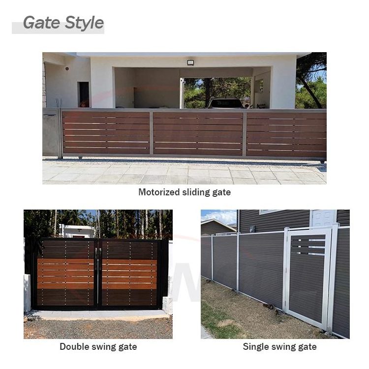 Exterior wpc gate fence electric motor aluminium metal entry horizontal composite wood driveway swing sliding garden gate