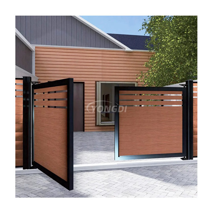 Exterior wpc gate fence electric motor aluminium metal entry horizontal composite wood driveway swing sliding garden gate