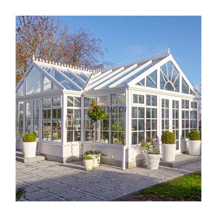 China prefabricated patio gable extension greenhouse glass house aluminium solarium sunroom with solar panels