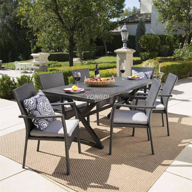 Modern patio deck garden 6 seats outdoor banquet wicker rattan dining table chairs set