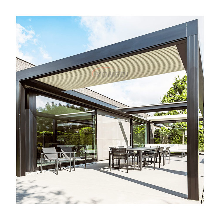 Foshan supplier motorised folding metal louver blade roof canopy patio awning pergola with pull down screen