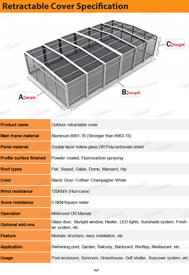 Commercial free standing abri de piscine outdoor patio retractable pc roof greenhouse enclosure for plant