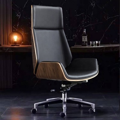 Walnut wood shell black leather high back swivel executive office chair foshan