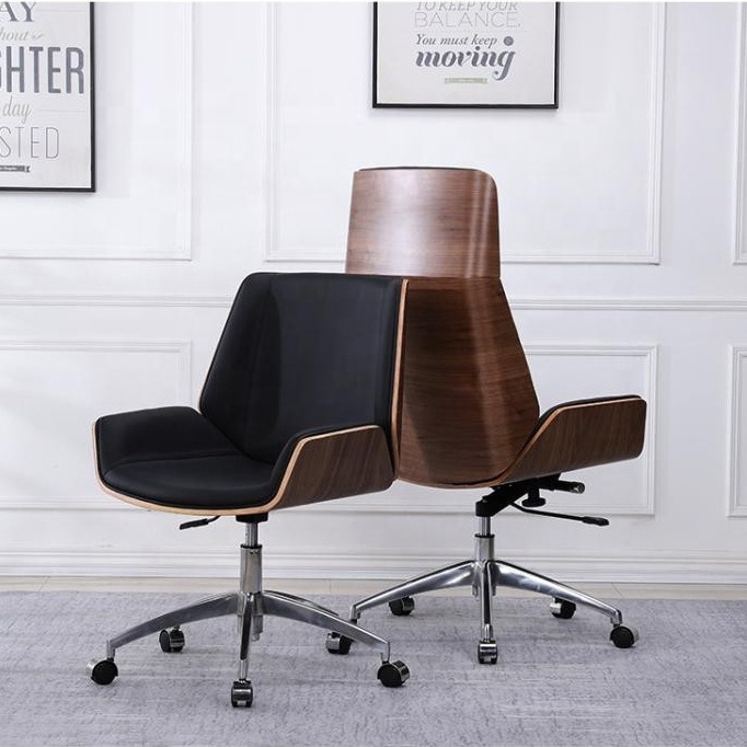 Walnut wood shell black leather high back swivel executive office chair foshan