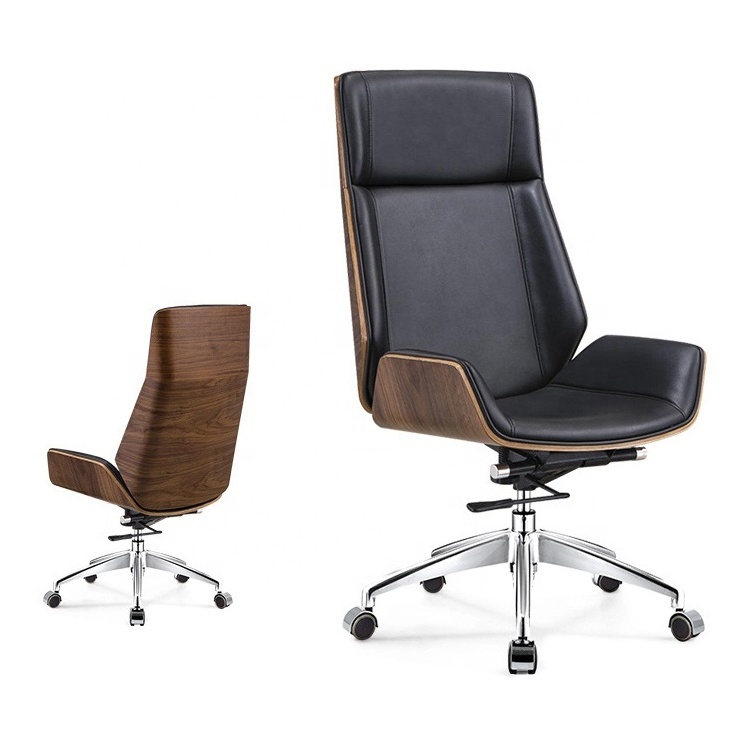 Walnut wood shell black leather high back swivel executive office chair foshan