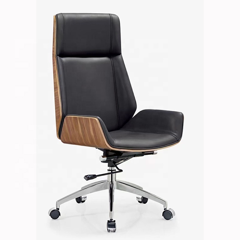 Walnut wood shell black leather high back swivel executive office chair foshan