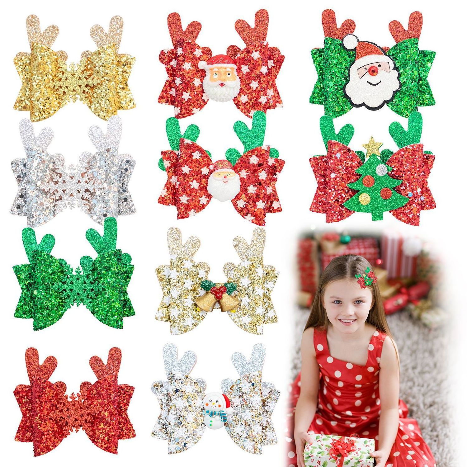 christmas ornaments Bow Hair Clip Children's Green Onion Glitter Bow Glitter Santa Snowman Tree Elk Hat Hair Clip Hairpins