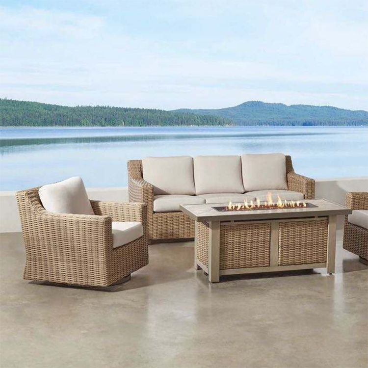 Modern luxury fire pit table and Swivel chair outdoor sets garden rattan sofa with Gas fire pit