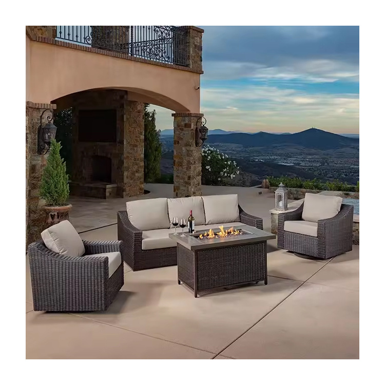 Modern luxury fire pit table and Swivel chair outdoor sets garden rattan sofa with Gas fire pit