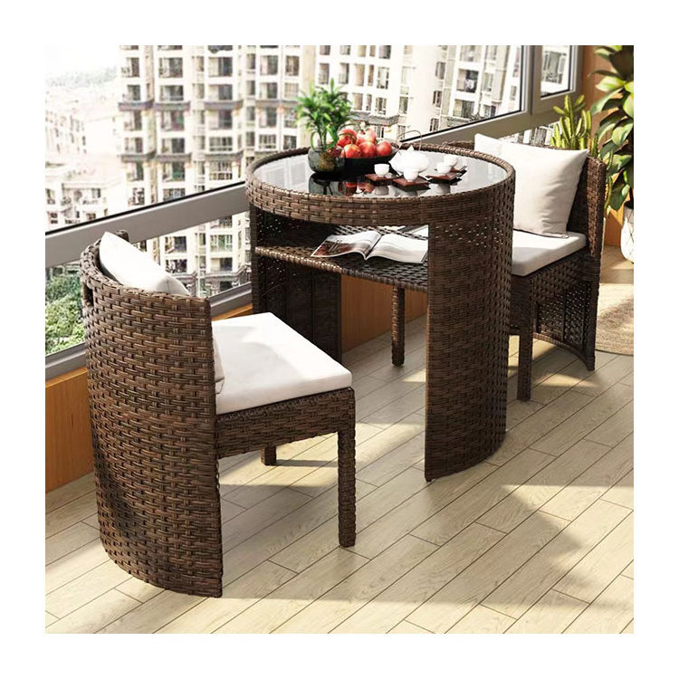 Idyllic style outdoor rattan space saving dining table and chairs balcony coffee table and chair