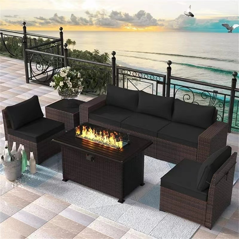 Modern luxury fire pit table and Swivel chair outdoor sets garden rattan sofa with Gas fire pit