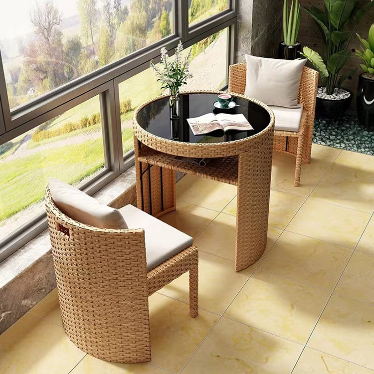 Idyllic style outdoor rattan space saving dining table and chairs balcony coffee table and chair