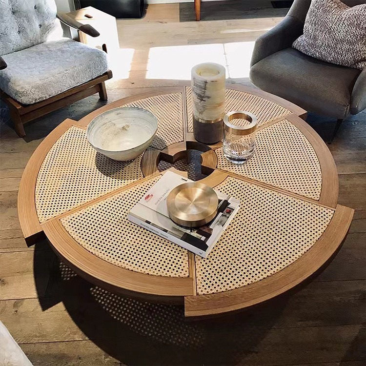 Creative circular tea table simple rattan woven tea table Indonesian rattan  solid wood circular table