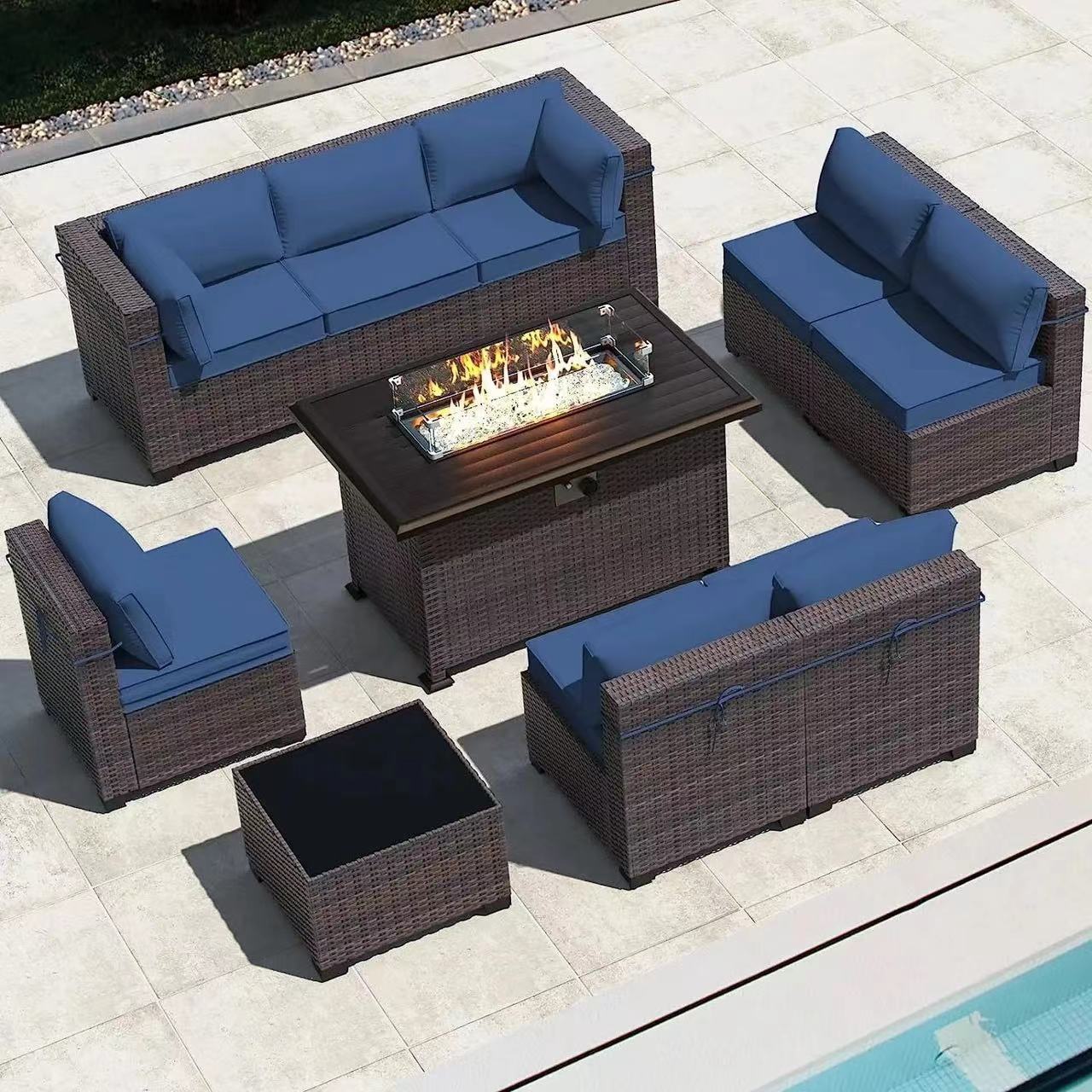 Modern luxury fire pit table and Swivel chair outdoor sets garden rattan sofa with Gas fire pit