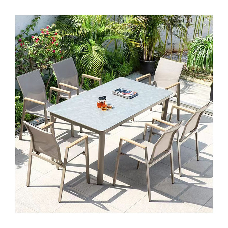 Modern Aluminum Garden Dining Table Set 6 seater Outdoor Textile waterproof Stackable Chair