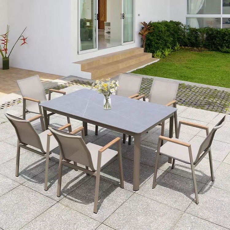 Modern Aluminum Garden Dining Table Set 6 seater Outdoor Textile waterproof Stackable Chair