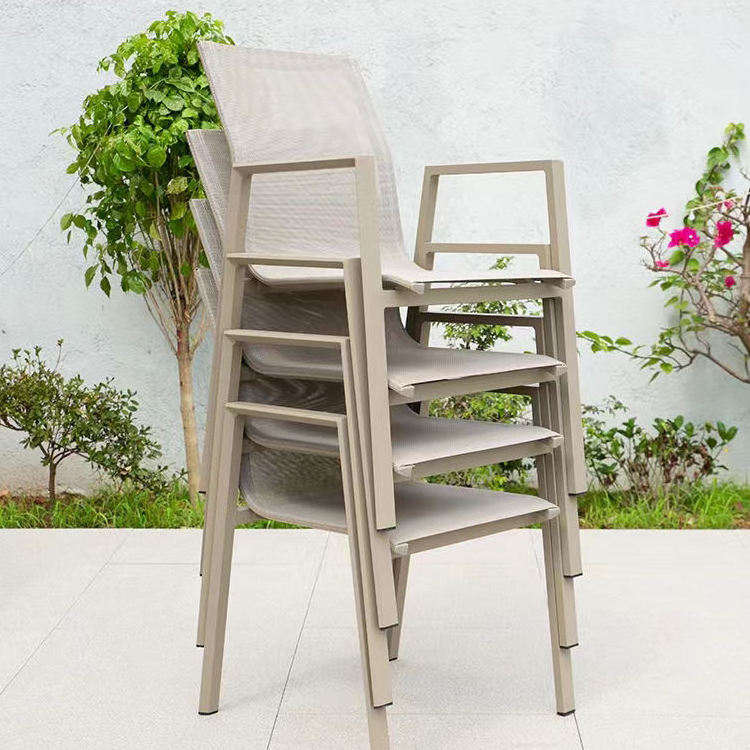 Modern Aluminum Garden Dining Table Set 6 seater Outdoor Textile waterproof Stackable Chair