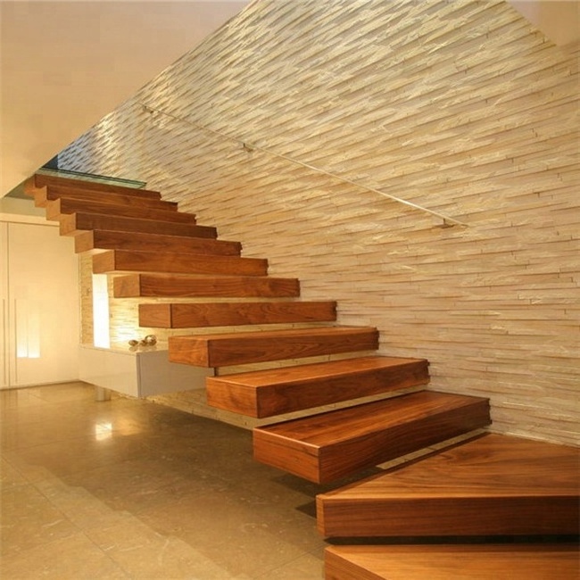 Modern indoor 50 mm thick solid oak wood steps Floating Stairs with glass railing DIY lowes price