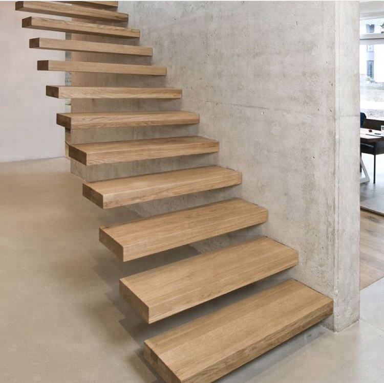 Modern indoor 50 mm thick solid oak wood steps Floating Stairs with glass railing DIY lowes price