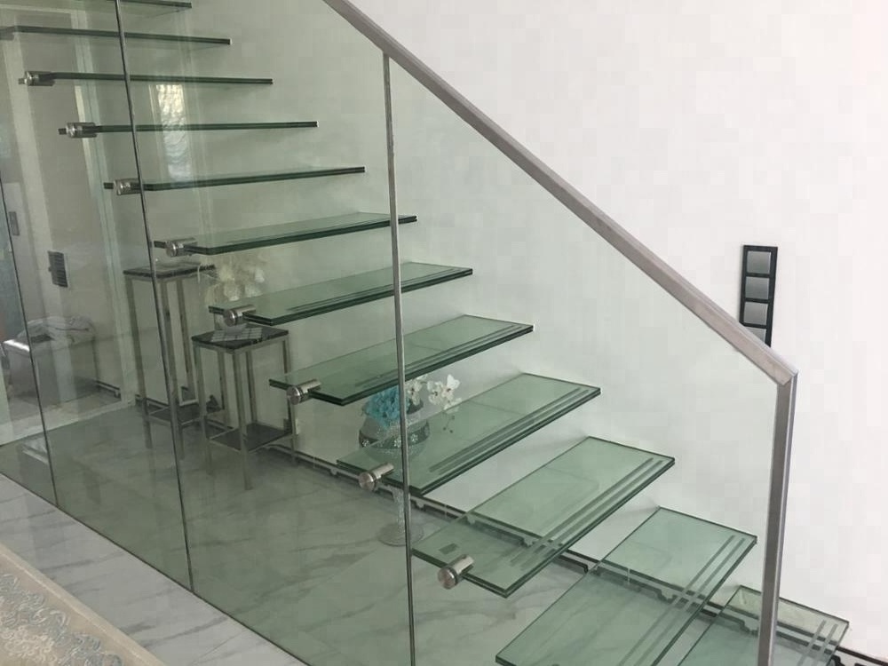 Straight Mild Steel Glass Modern Floating Staircase Stylish Cantilevered glass Stair