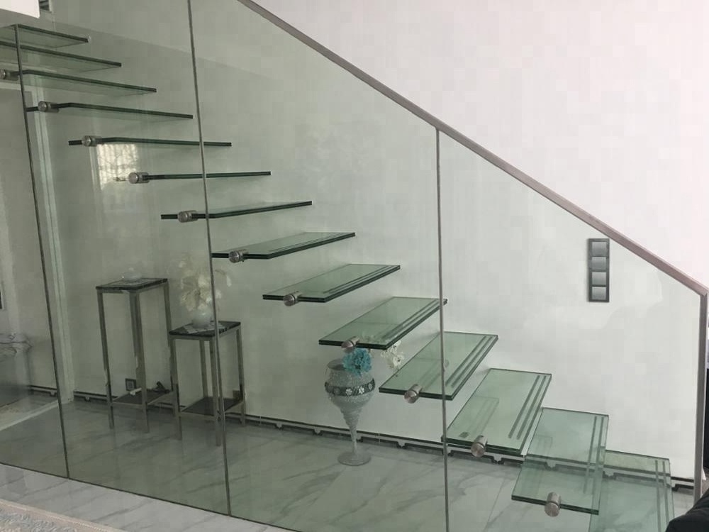 Straight Mild Steel Glass Modern Floating Staircase Stylish Cantilevered glass Stair