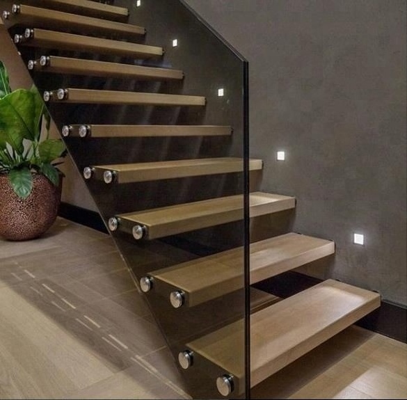 Modern indoor 50 mm thick solid oak wood steps Floating Stairs with glass railing DIY lowes price