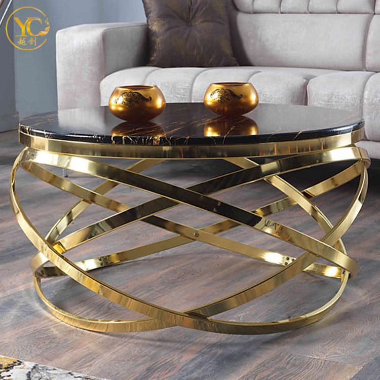 First Class Quality Living Room Gold frame black glass Top Coffee Table Round Coffee Table