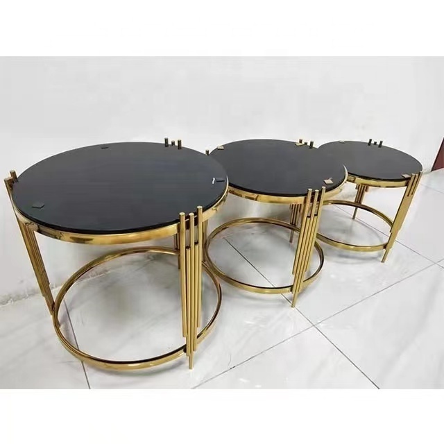 Round stainless steel black tempered glass coffee table and end table