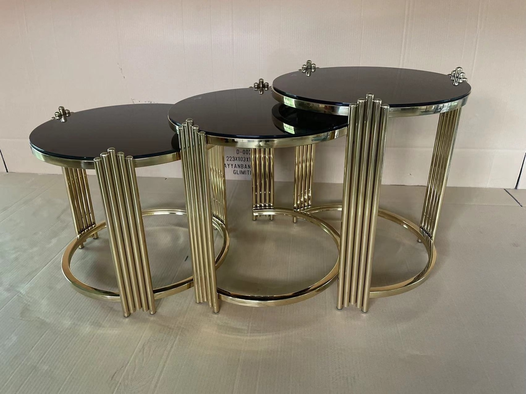 Round stainless steel black tempered glass coffee table and end table