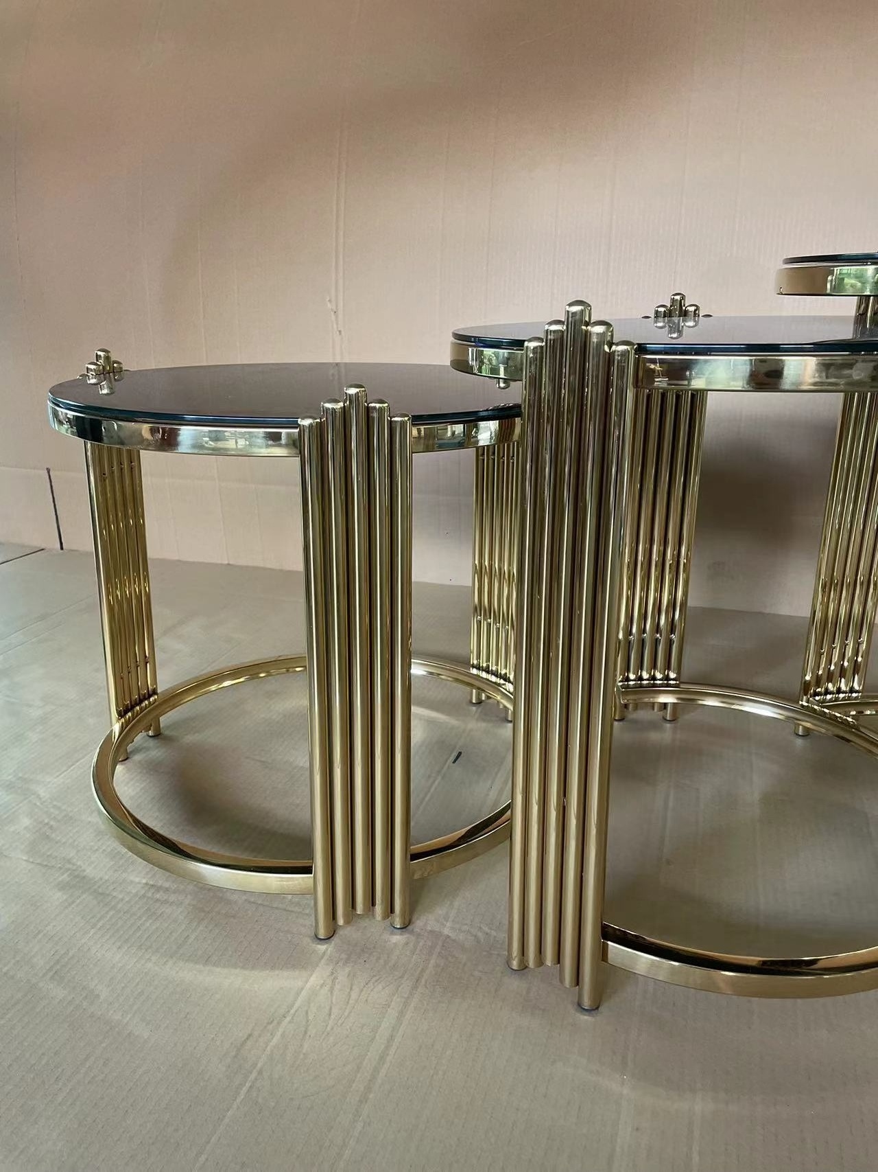 Round stainless steel black tempered glass coffee table and end table