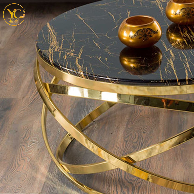 First Class Quality Living Room Gold frame black glass Top Coffee Table Round Coffee Table