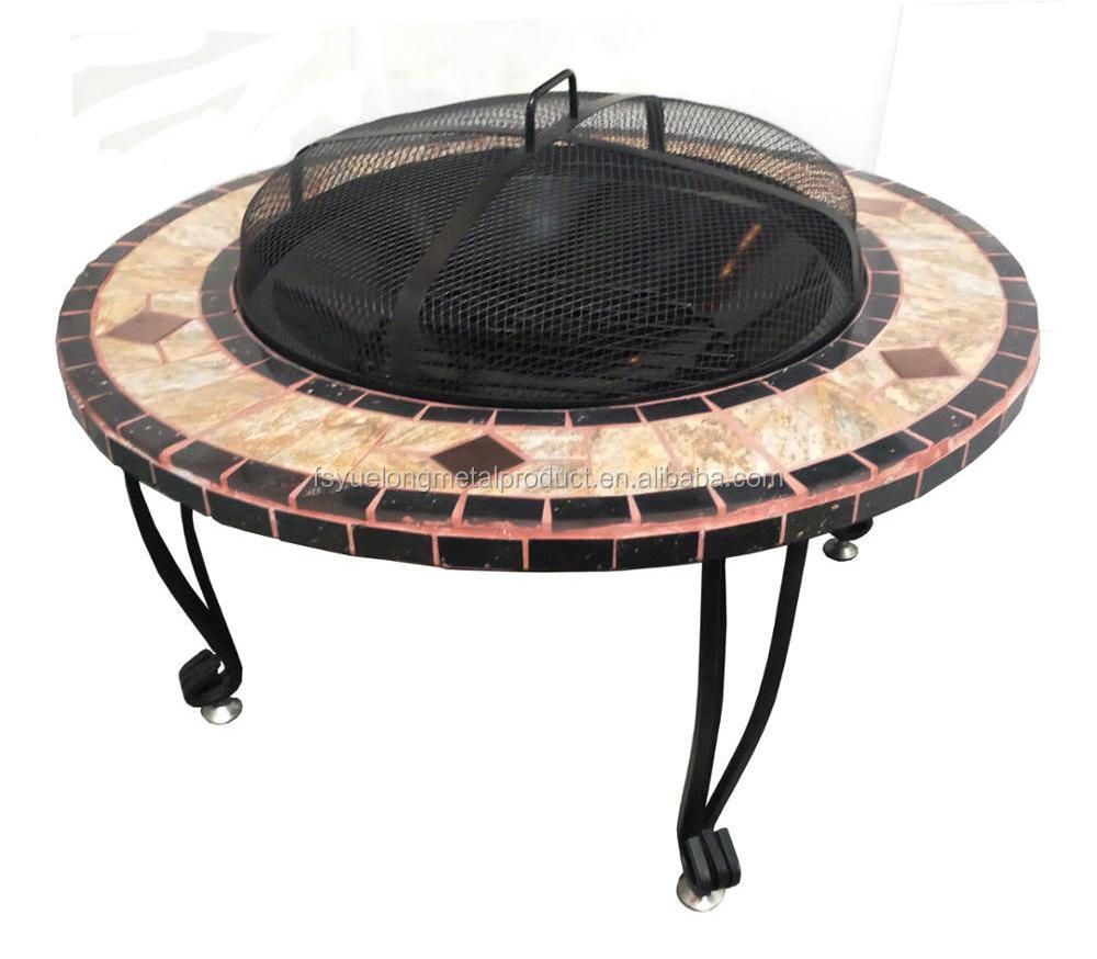 34'' outdoor garden patio metal fire pit table with natural stone wood burning portable smokeless bonfire brazier firepit bowl