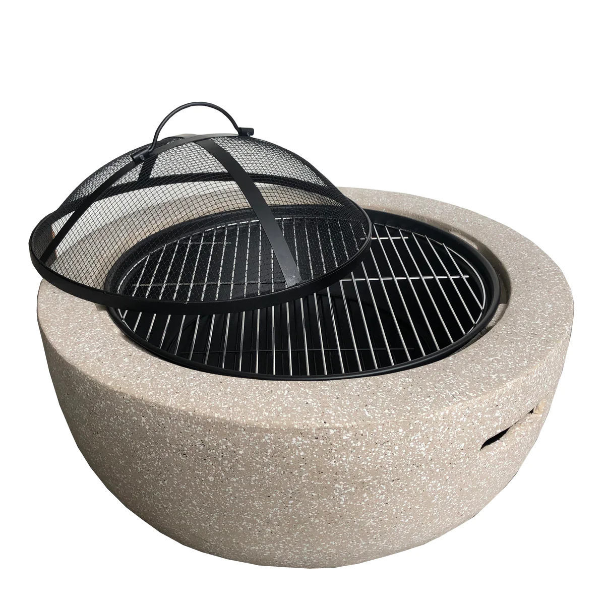 Factory wholesale round shape magnesia wood burning fire pit with bbq grill concrete brazier for outdoor garden