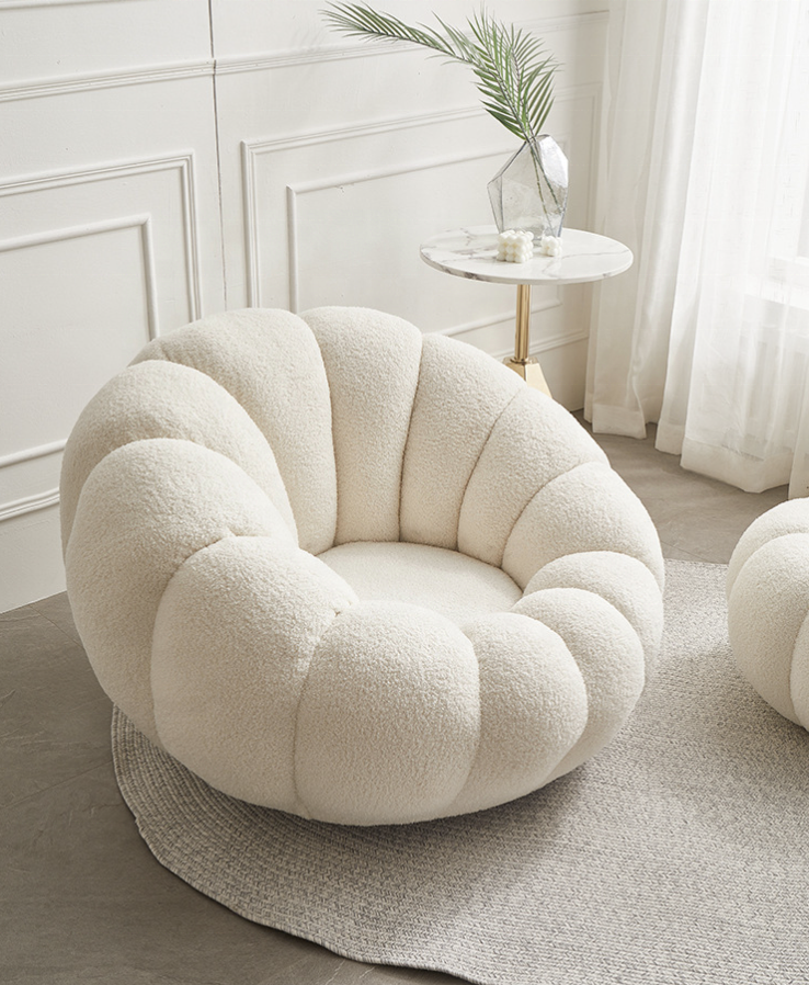 Boconcept Cream White Channeled Pumpkin Shaped Boucle Swivel Lounge Chair With Footstool