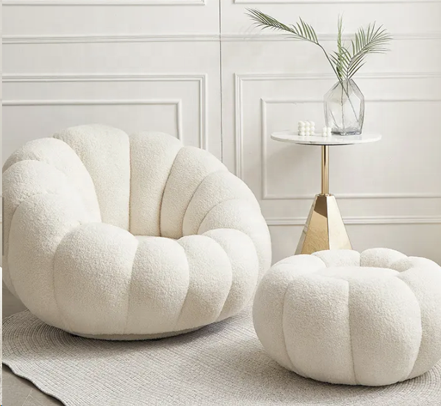 Boconcept Cream White Channeled Pumpkin Shaped Boucle Swivel Lounge Chair With Footstool