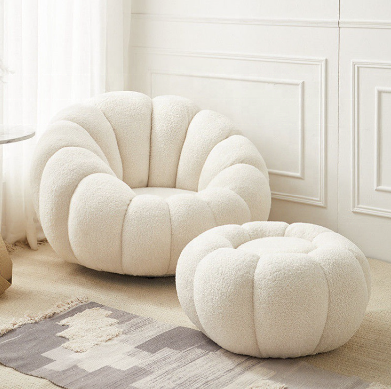 Boconcept Cream White Channeled Pumpkin Shaped Boucle Swivel Lounge Chair With Footstool