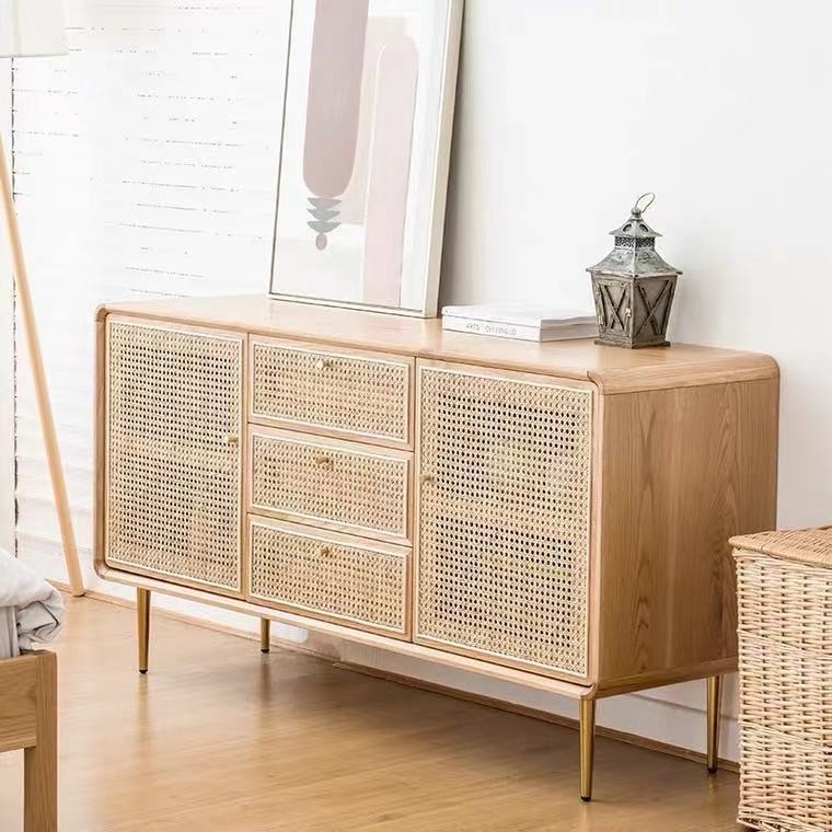 Nordic style solid wood storage wicker rattan cabinet