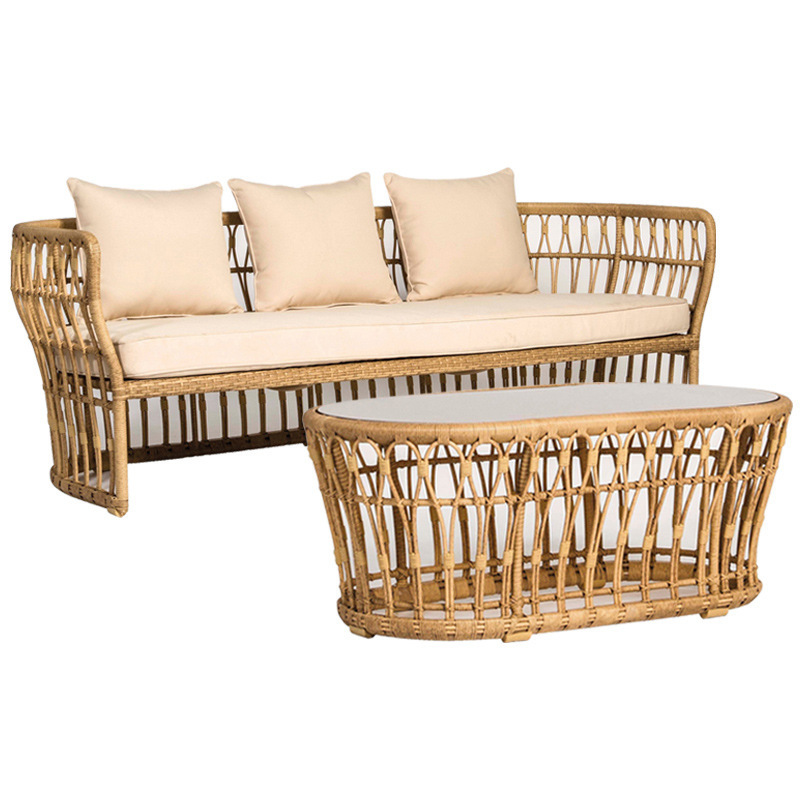 Patio leisure glass top outdoor sofa rattan coffee table