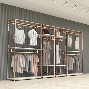 Retail Store Fixture Hanging Clothes Custom Lady Shop Design Metal Gold Clothing Dress Display Rack