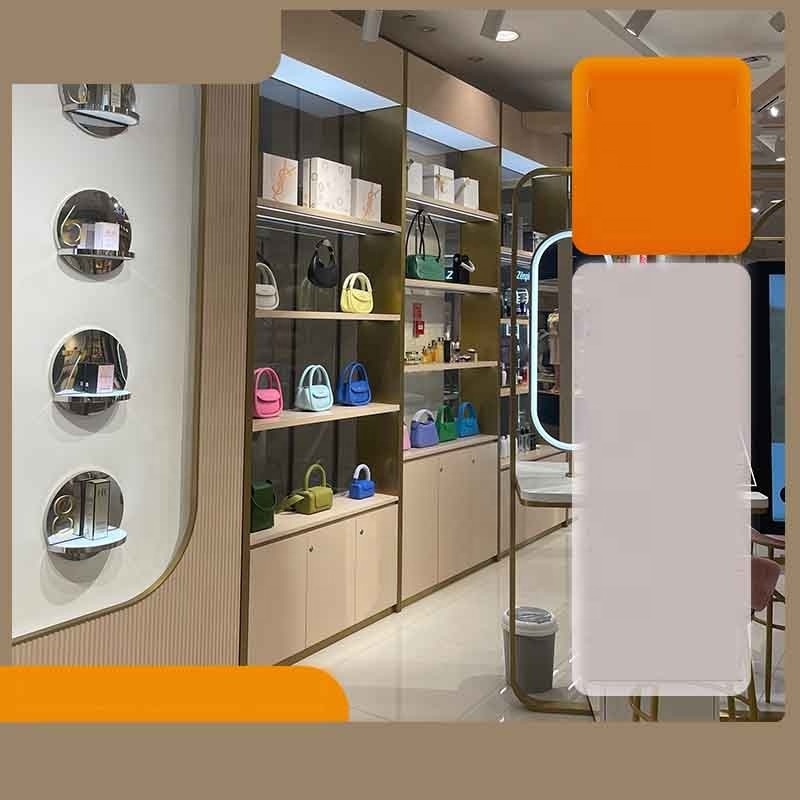 High Quality Fashion  New Retail Store Furniture Design Aluminum Frame 3 Shelves Wall Cabinets Bag Display Tall Showcase