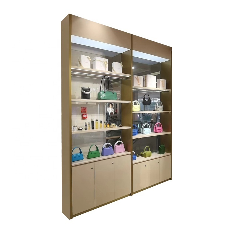 High Quality Fashion  New Retail Store Furniture Design Aluminum Frame 3 Shelves Wall Cabinets Bag Display Tall Showcase