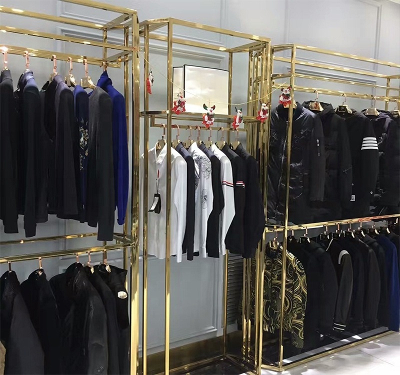 Clothing Shop Gold Stainless Steel Floor Stand High End Store Clothes Display  Shelves