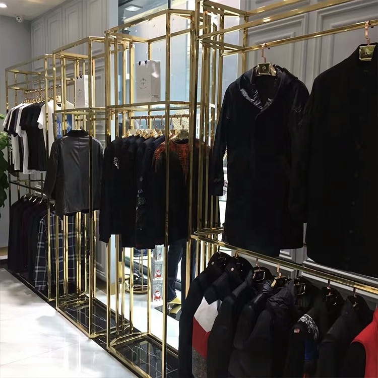 Clothing Shop Gold Stainless Steel Floor Stand High End Store Clothes Display  Shelves