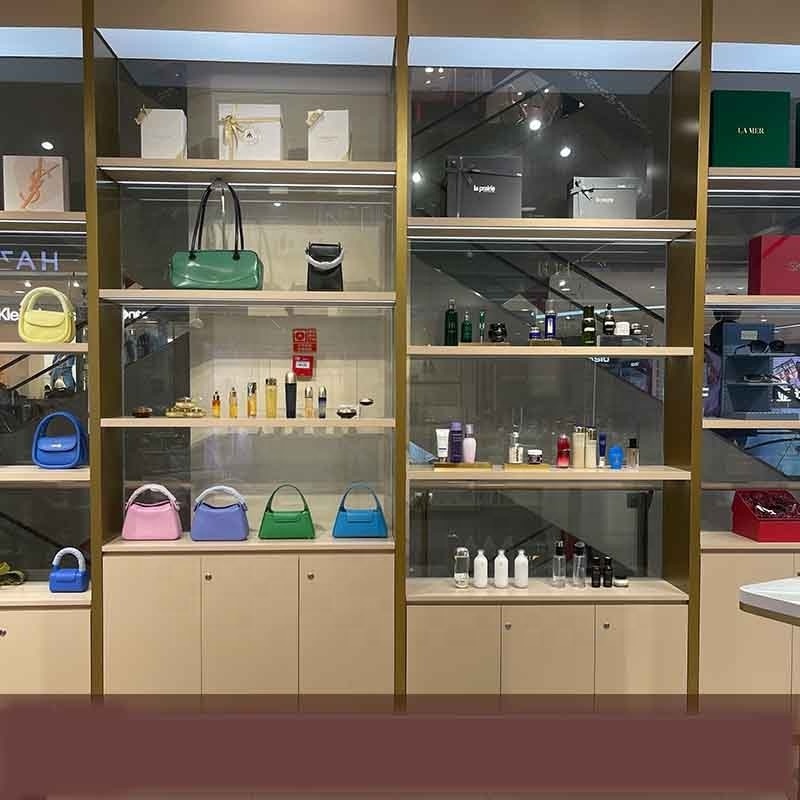 High Quality Fashion  New Retail Store Furniture Design Aluminum Frame 3 Shelves Wall Cabinets Bag Display Tall Showcase