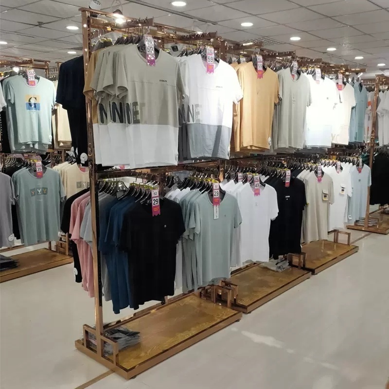 Commercial Luxury Display Garment Rack Shelf Clothing Shiny Gold Metal Boutique Clothing Rack for Shopping Mall