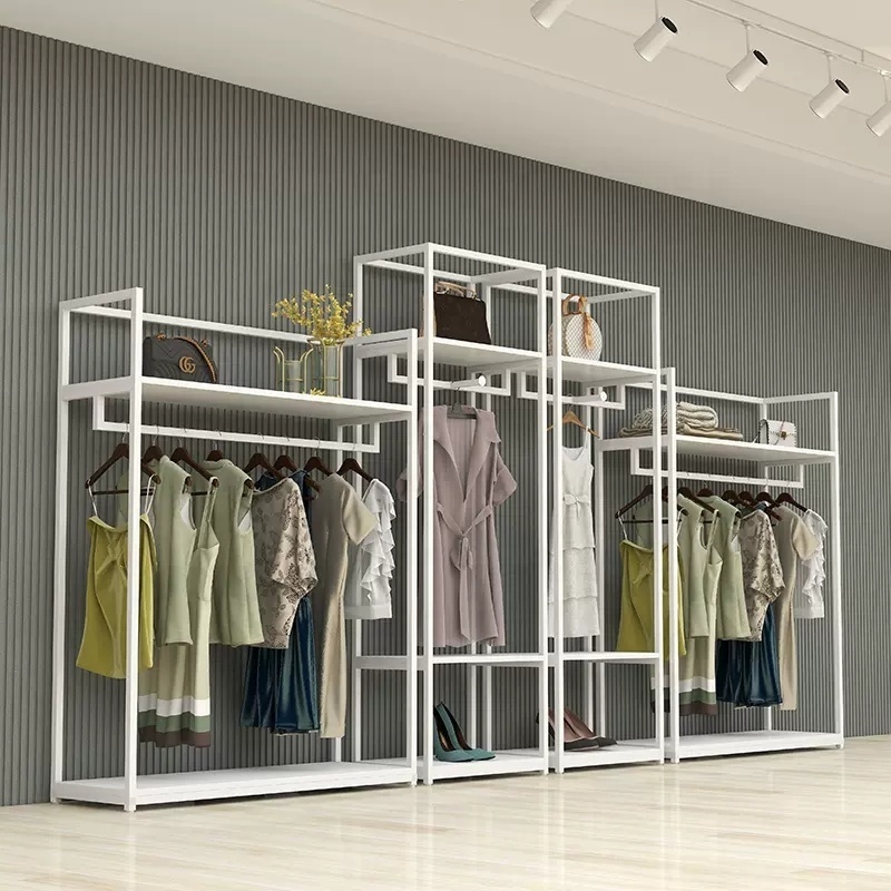 Retail Store Fixture Hanging Clothes Custom Lady Shop Design Metal Gold Clothing Dress Display Rack