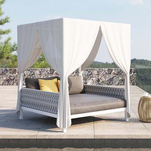 Balcony Hotel Modern Garden Furniture White Aluminum Gray Woven Rope 2-Person Outdoor Patio Daybed With Canopy Curtains