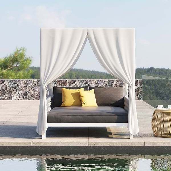 Balcony Hotel Modern Garden Furniture White Aluminum Gray Woven Rope 2-Person Outdoor Patio Daybed With Canopy Curtains