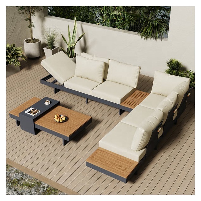 4 Pieces Modern L Shape Wood Outdoor Sectional Sofa Set with Coffee Table in Beige