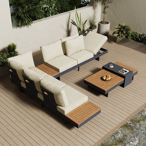 4 Pieces Modern L Shape Wood Outdoor Sectional Sofa Set with Coffee Table in Beige